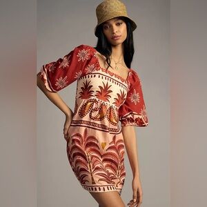Farm Rio Anthropologie Square Neck Mini Dress, size M, Linen Blend